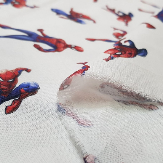 Tela Algodón Marvel Spiderman Poses - Tela de algodón licencia Marvel con dibujos del personaje Spiderman en varias poses sobre un fondo blanco. La tela mide entre 140-150cm de ancho y su composición 100% algodón.