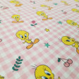Cotton Tweety Gingham Check fabric - Licensed cotton poplin fabric with drawings of the Tweety bird on a background of pink gingham check and also cherries, stars, roses... The fabric is 150cm wide and its composition is 100% cotton.
