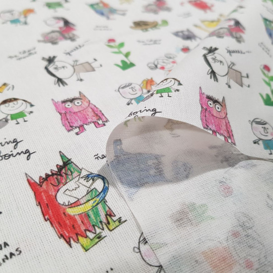 Cotton Colour Monster fabric - Cotton poplin fabric with drawings of the character the Colour Monster and various children's drawings on a white background. The colour monster is a character created by Anna Llenas where she illustrates emotions th
