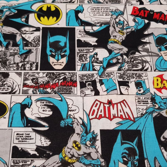Cotton Batman Comic White fabric - Licensed cotton fabric with comic cartoon drawings where the Batman character appears where the white background predominates. The fabric is 110cm wide and its composition is 100% cotton.