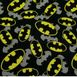 Cotton Batman Logo Shadow fabric - Cotton fabric with drawings of logos of the superhero Batman and shades in gray on a black background. The fabric is 110cm wide and its composition is 100% cotton.