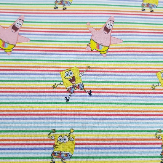 Cotton Sponge Bob Multi-stripes fabric - Cotton fabric with drawings of the cartoon character SpongeBob and Patrick Star on a background of fine multicolored stripes. The fabric is 150cm wide and its composition 100% cotton