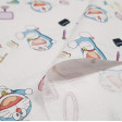 Cotton Doraemon Magic Items fabric - Children's cotton fabric with drawings of the character Doraemon and magical objects around him on a white background. The fabric is 150cm wide and its composition is 100% cotton.