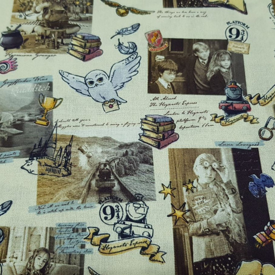 Cotton Harry Potter Scenes fabric - Licensed cotton fabric with drawings of scenes from the Harry Potter saga and also objects such as books, owls, trains... on a light background. The fabric is 150cm wide and its composition is 100% cotton.