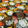 Cotton Harry Potter Kawaii Characters Together fabric - Cotton licensed fabric with drawings of the characters of the Harry Potter saga in Kawaii style very close together forming a fun image. The fabric is 110cm wide and its composition is 100% cotton.