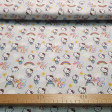 Cotton Hello Kitty Rainbow Suns fabric - Licensed cotton fabric with drawings of the Hello Kitty character on a background with rainbows, clouds and suns. The fabric measures between 140-150cm wide and its composition is 100% cotton.