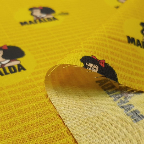 Cotton Mafalda Yellow fabric - Organic cotton fabric with drawings of the Mafalda character on a background with the name in a mustard yellow tone. The fabric is 150cm wide and its composition is 100% cotton.