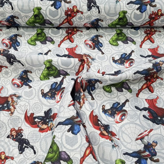 Cotton Marvel Avengers Characters fabric - Marvel licensed cotton fabric with drawings of the Avengers characters on a gray background with the avatars of the heroes. The characters Hulk, Thor, Black Widow, Captain America, Ironman appear… The fabric meas