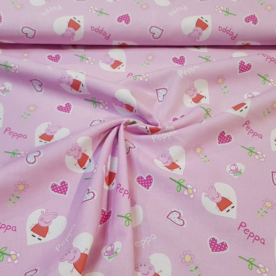 Cotton Peppa Pig Hearts fabric - Licensed cotton fabric with drawings of the Peppa Pig character inside white hearts on a pink background with flowers and hearts. The fabric measures between 140-150cm wide and its composition is 100% cotton.
