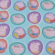 Cotton Peppa Pig Characters fabric - Licensed cotton fabric with drawings of the characters Peppa, Mama Pig, Papa Pig and George in circles on a blue background. The fabric measures between 140-150cm wide and its composition is 100% cotton.