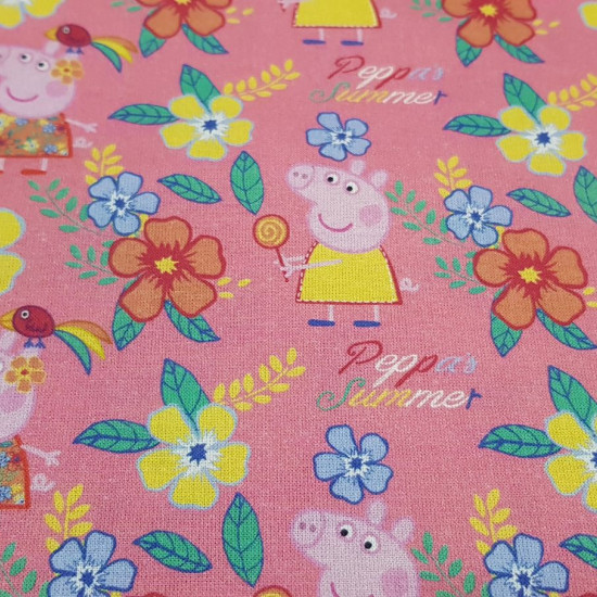 Cotton Peppa Pig Summer Flowers fabric - Licensed cotton fabric with drawings of Peppa Pig with a very striking flowery background and phrases 