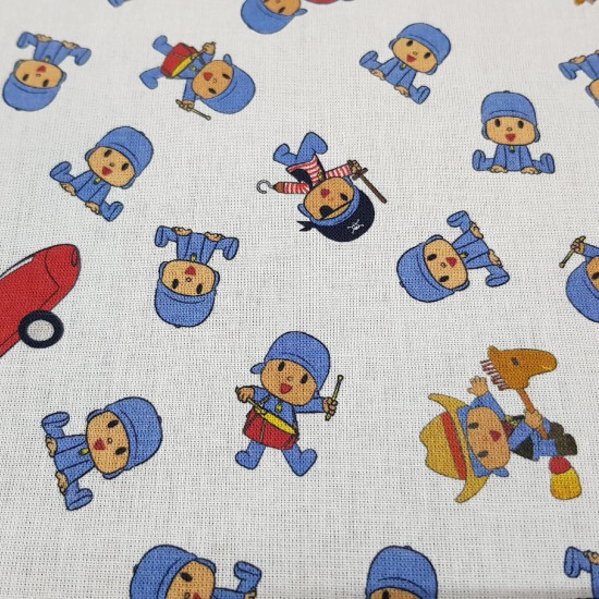 Cotton Pocoyo Playing fabric - Licensed cotton fabric with drawings of the Pocoyo character playing and disguised on a white background. The fabric is 150cm wide and its composition is 100% cotton.