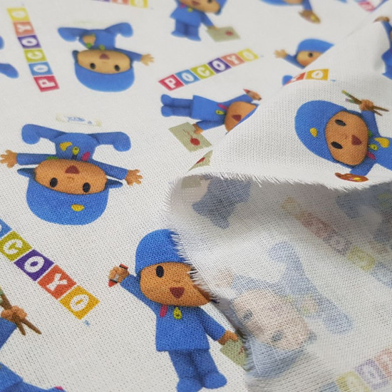 Cotton Pocoyo Logo fabric - Licensed cotton fabric with drawings of the Pocoyo character and the logo of the tv cartoon series on a white background. The fabric measures between 140-150cm wide and its composition is 100% cotton.