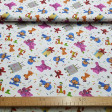 Cotton Pocoyo Characters fabric - Licensed cotton fabric with drawings of the characters from the Pocoyo series. Pocoyo, Pato, Loula, Elly, Pajarito and Pulpo appear on a white background with colored pencils and painting boards. The fabric measures