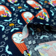 Cotton Sally Blue fabric - Cotton licensed fabric with drawings of the character Sally from the movie The Nightmare Before Christmas, on a dark blue background. The fabric is 110cm wide and its composition is 100% cotton.