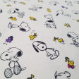 Algodón Snoopy Emilio - Tela de algodón tipo popelín con dibujos de los personajes Snoopy y Emilio (Woodstock) sobre un fondo blanco. El pajarito Emilio aparece pintado de color amarillo y también de color morado. La te