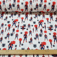 Cotton Marvel Spiderman Spiders fabric - Licensed cotton fabric with drawings of Spiderman making poses on a white background with black and red spiders. The fabric is 150cm wide and its composition is 100% cotton.