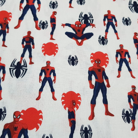 Cotton Marvel Spiderman Spiders fabric - Licensed cotton fabric with drawings of Spiderman making poses on a white background with black and red spiders. The fabric is 150cm wide and its composition is 100% cotton.