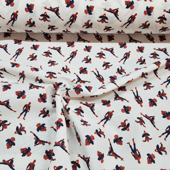 Cotton Marvel Spiderman Poses Arachnids fabric - Licensed cotton fabric with drawings of the Spiderman character in various arachnid poses on a white background. The fabric is 150cm wide and its composition is 100% cotton.