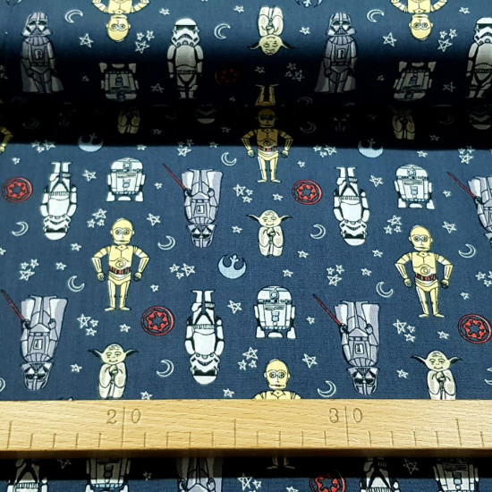 Cotton Star Wars Cartoon Comic Gray fabric - Licensed cotton fabric with comic-style cartoon drawings of Star Wars characters such as Yoda, Darth Vader, R2D2 ... on a dark gray background. The fabric is 110cm wide and its composition is 100% cotton.