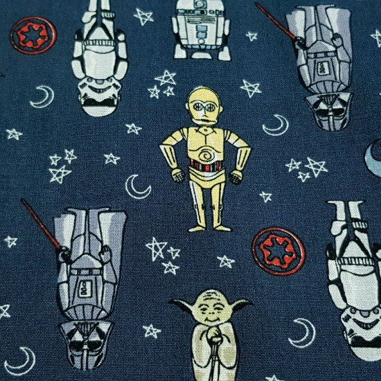 Cotton Star Wars Cartoon Comic Gray fabric - Licensed cotton fabric with comic-style cartoon drawings of Star Wars characters such as Yoda, Darth Vader, R2D2 ... on a dark gray background. The fabric is 110cm wide and its composition is 100% cotton.