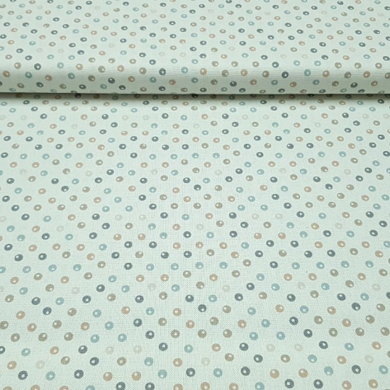 Patchwork Linen Circles Beige fabric - Linen or half Panama fabric ideal for Patchwork, with drawings of circles in beige / brown and gray on a white background. The fabric measures 140cm wide and its composition 50% polyester - 40% cotton - 10% linen.