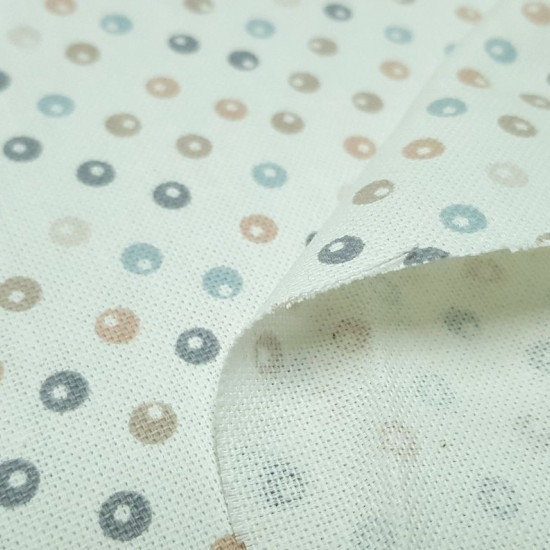Patchwork Linen Circles Beige fabric - Linen or half Panama fabric ideal for Patchwork, with drawings of circles in beige / brown and gray on a white background. The fabric measures 140cm wide and its composition 50% polyester - 40% cotton - 10% linen.