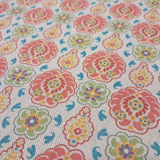 Algodón Aspecto Lino Floral Geométrico - Tela rústica de algodón aspecto lino, similar al grosor de un tejido de loneta algodón, donde aparecen dibujos de flores geométricas y otras formas de colores sobre un fondo natural. Este teji