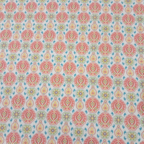 Algodón Aspecto Lino Floral Geométrico - Tela rústica de algodón aspecto lino, similar al grosor de un tejido de loneta algodón, donde aparecen dibujos de flores geométricas y otras formas de colores sobre un fondo natural. Este teji