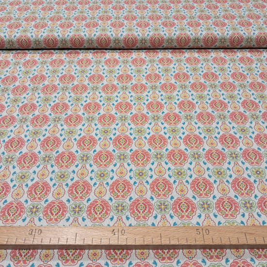 Algodón Aspecto Lino Floral Geométrico - Tela rústica de algodón aspecto lino, similar al grosor de un tejido de loneta algodón, donde aparecen dibujos de flores geométricas y otras formas de colores sobre un fondo natural. Este teji