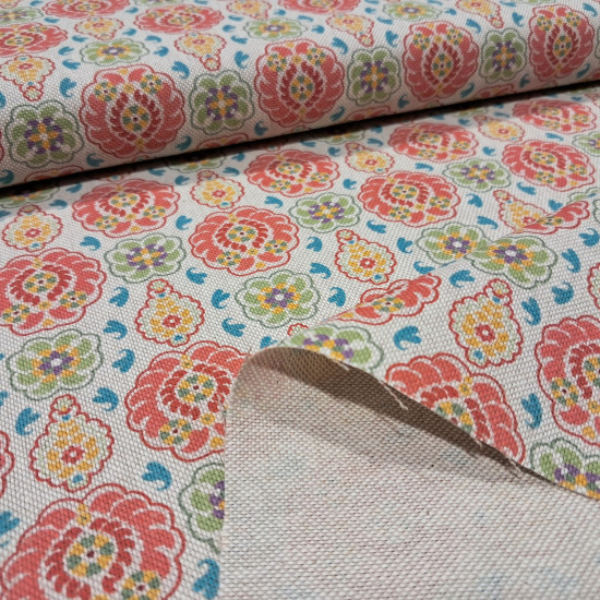 Algodón Aspecto Lino Floral Geométrico - Tela rústica de algodón aspecto lino, similar al grosor de un tejido de loneta algodón, donde aparecen dibujos de flores geométricas y otras formas de colores sobre un fondo natural. Este teji