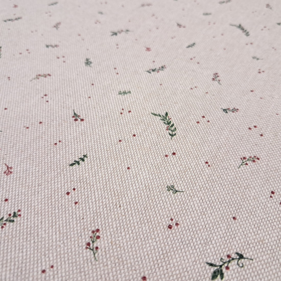 Tela Algodón Aspecto Lino Acebos Wonderland Algodón Aspecto Lino Acebos Wonderland - Tela decorativa de algodón aspecto lino, similar al grosor de un tejido de loneta algodón, donde aparecen dibujos de acebos sobre un fondo natural característico de esta tela, dándole un estil