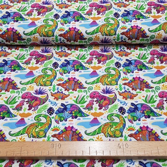 Cotton Colorful Dinosaurs Floral fabric - Digital print cotton fabric with colorful dinosaur drawings and colorful textures on a white background with tropical flowers and volcanoes. A beautiful fabric! The fabric is 150cm wide and its composition is 100%