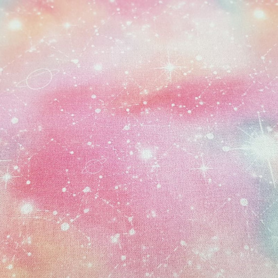 Cotton Digital Galaxy Constellations fabric - Digital print cotton fabric with drawings of constellations and stars on a galaxy background in shades of pink and other light colors. The fabric is 150cm wide and its composition is 100% cotton.