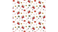 Tela Algodón Navidad Calcetines Cascabel - Tela de algodón popelín navideña con dibujos de calcetines de navidad, cascabeles, regalos, bastones de caramelo... sobre fondo blanco o verde claro. Una tela muy representativa de la navidad. La tela mide 148cm 