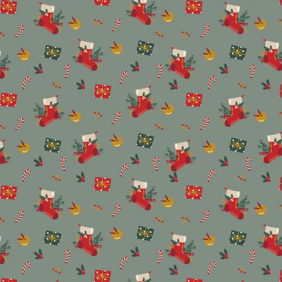 Cotton Christmas Socks Rattlesnake fabric - Christmas cotton poplin fabric with drawings of Christmas socks, bells, gifts, candy canes... on a white or light green background. A very representative fabric of Christmas. The fabric is 148cm wide and its com