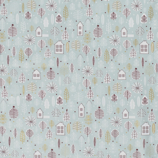 Cotton Christmas Houses Trees fabric - Christmas cotton fabric with drawings of trees and houses in dark red and gold tones on two backgrounds available to choose from. The fabric is 140cm wide and its composition is 100% cotton.