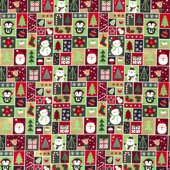 Cotton Christmas Dashboard fabric - Beautiful Christmas cotton poplin fabric with dashboard drawings featuring Christmas trees, stars, hearts, reindeer, Santa Claus... with golden, green and red tones. The fabric is 140cm wide and its composition