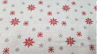 Tela Algodón Navidad Estrellas Hielo - Tela de algodón de temática navideña con dibujos de estrelas plateadas y copos de hielo en color rojo. Perfecta para decoraciones de navidad y otros complementos. La tela mide 150cm de ancho y su composición 100% alg