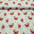 Cotton Christmas Santa Claus Sledges fabric - Christmas cotton fabric with drawings of Santa Claus skiing and also climbed in his sleigh on a white background with snowflakes and letters ho ho ho. The fabric is 150cm wide and its composition 100% cotton.