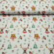 Cotton Christmas Animals with Scarf fabric - Christmas cotton fabric with drawings of bears and deer with white and red striped scarf on a white background with drawings of Christmas trees, socks and other Christmas decoration. The fabric is 150cm wide an