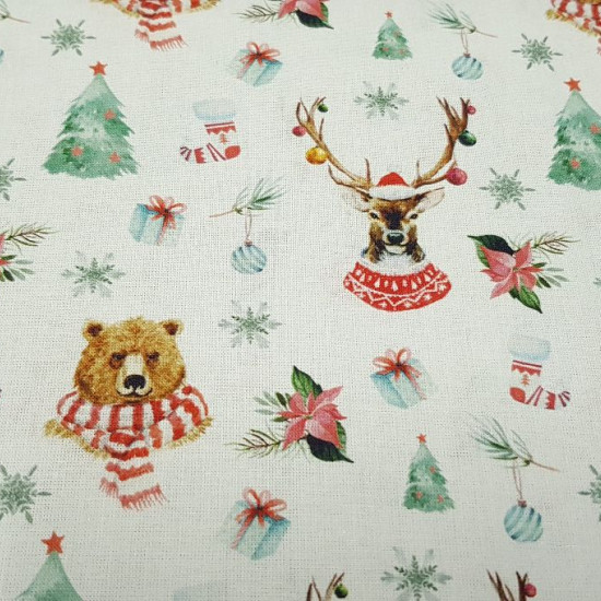 Cotton Christmas Animals with Scarf fabric - Christmas cotton fabric with drawings of bears and deer with white and red striped scarf on a white background with drawings of Christmas trees, socks and other Christmas decoration. The fabric is 150cm wide an