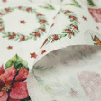 Cotton Christmas Crystal Balls fabric - Cotton fabric with drawings of Christmas glass balls, plants and branches, poinsettias and red stars on a white background. The fabric is 150cm wide and its composition 100% cotton.
