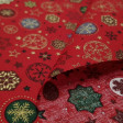 Cotton Christmas Stars Flakes Red Background fabric - Christmas cotton fabric with drawings of stars and snowflakes in various colors on a red background. The fabric is 140cm wide and its composition 100% cotton.