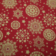 Cotton Christmas Flakes Hearts Red Background fabric - Christmas fabric with golden snowflakes, hearts in the shape of a circle and stars on a red background. The fabric is 140cm wide and its composition 100% cotton.