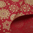 Cotton Christmas Flakes Hearts Red Background fabric - Christmas fabric with golden snowflakes, hearts in the shape of a circle and stars on a red background. The fabric is 140cm wide and its composition 100% cotton.