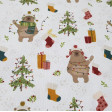 Cotton Christmas Bears Decorating fabric - Organic cotton fabric with Christmas-themed drawings, where funny bears appear decorating Christmas trees with their lights and other decorations. The fabric is 150cm wide and its composition is 100% cotton.
