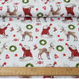 Cotton Christmas Joy Bears and Reindeers fabric - Christmas-themed organic cotton fabric with drawings of bears with red sweaters, reindeer and various Christmas decorations, on a white background. The fabric is 150cm wide and its composition is 100% cott