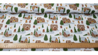 Tela Algodón Navidad Casitas Jengibre - Tela de algodón orgánico con dibujos navideños donde aparecen casitas de jengibre en un bosque con nieve y abetos, donde también hay divertidos muñecos de jengibre. La tela mid