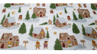 Tela Algodón Navidad Casitas Jengibre - Tela de algodón orgánico con dibujos navideños donde aparecen casitas de jengibre en un bosque con nieve y abetos, donde también hay divertidos muñecos de jengibre. La tela mid